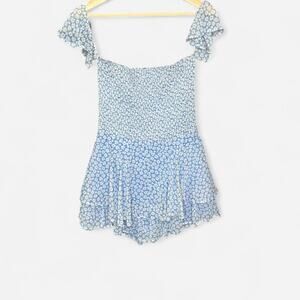 Altar'd State Blue Floral Smocked Tiered Romper Ruffle Sleeve Size Medium